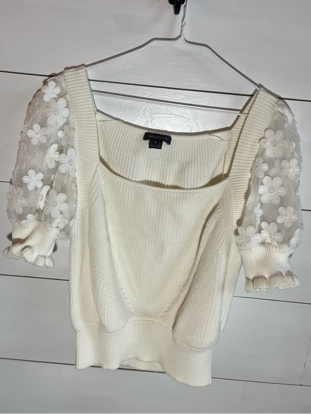 French Connection Square Neck Knit Top with Floral Lace Puff Sleeves - Cream